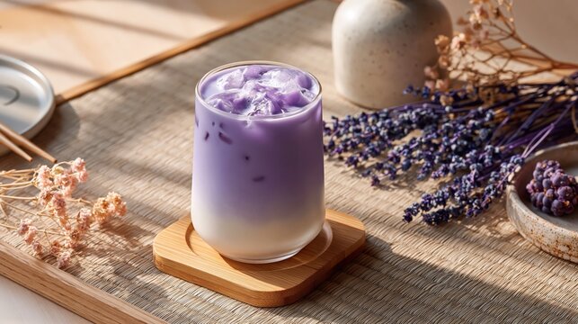 Iced ube latte displaying vibrant purple beverage with ice, a refreshing and trendy drink concept for summer