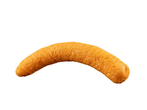 Single crunchy cheese puff stick, golden and savory, expertly photographed in close-up.