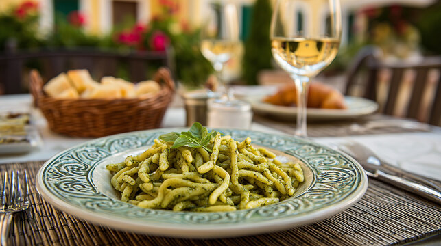 Traditional Trofie al Pesto Served at Italian Restaurant Terrace with White Wine