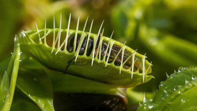 flytrap. Venus flytrap closing leaves around trapped insect, macro view with natural sunlight. gardening catalogs, home-decor guides, designed for gardening and botanical catalogs.