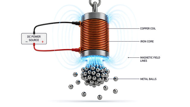 Electromagnet lifting metal particles in industrial setup | Physics demonstration of magnetic field and coil | Science illustration of electromagnetic force