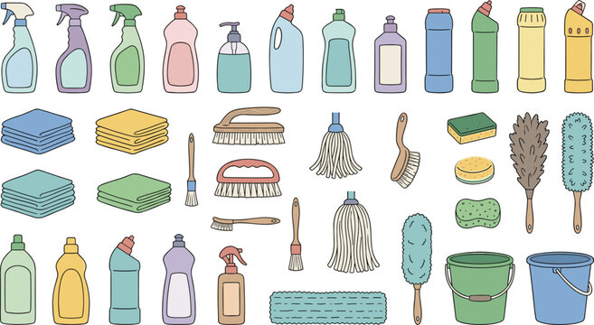 leaning Supply Product Set Featuring Detergent Spray Bottles Brushes Mops Buckets And Microfiber Cloths For Housework Marketing Vector Illustration