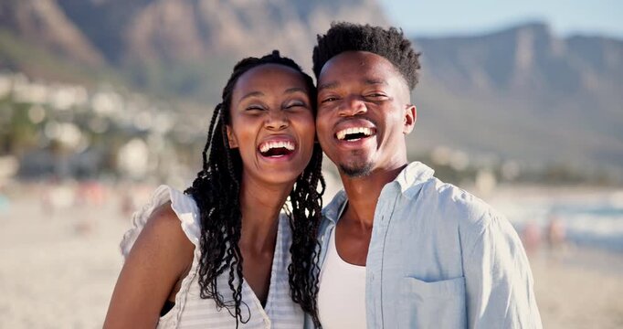 Face, travel and couple at beach with smile, love and partner affection on tropical holiday. Portrait, happy and black people at ocean for fresh air, commitment and bonding together on vacation trip