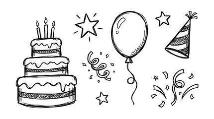 Hand drawn birthday doodle set with cake balloon and party hat © Mark