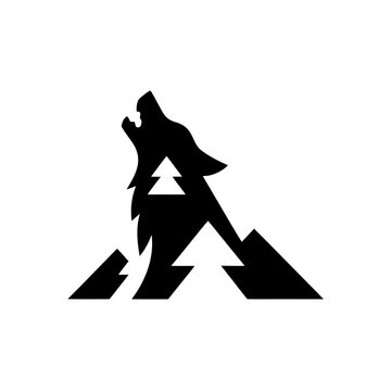 Black silhouette of a wolf howling over stylized mountains