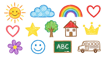 Hand drawn crayon doodle icon set with sun rainbow hearts and school bus © Mark