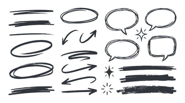 Hand drawn underline arrows circles and speech bubble sketch set