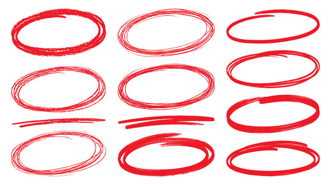 Set of red hand drawn oval highlight marks and frames