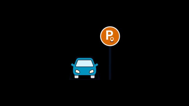 Minimalist graphic icon of a blue car parked next to a circular parking sign