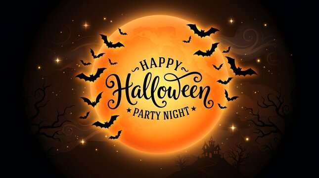 Halloween party night spooky orange moon with bats and silhouette haunted house