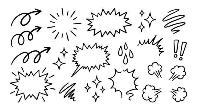 Hand drawn comic motion lines and speech bubble doodle set
