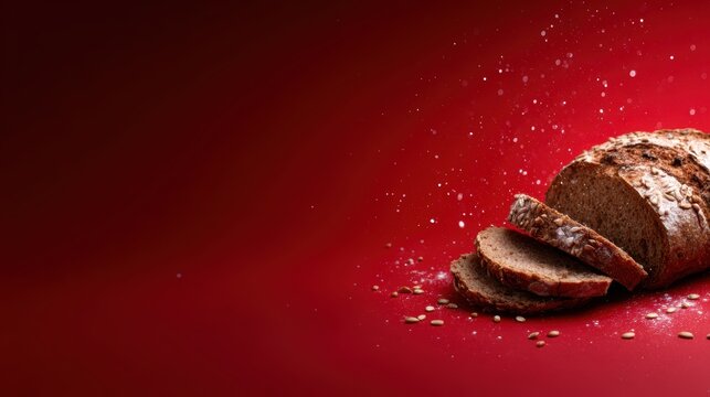 A rustic artisan loaf of bread sits sliced on a vibrant red backdrop, showcasing its texture, crust, and wholesome ingredients, inviting warmth and sharing.