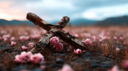 Naklejka premium An evocative image featuring a weathered wooden cross amidst a field of pink flowers, symbolizing loss and remembrance in a serene yet somber setting.
