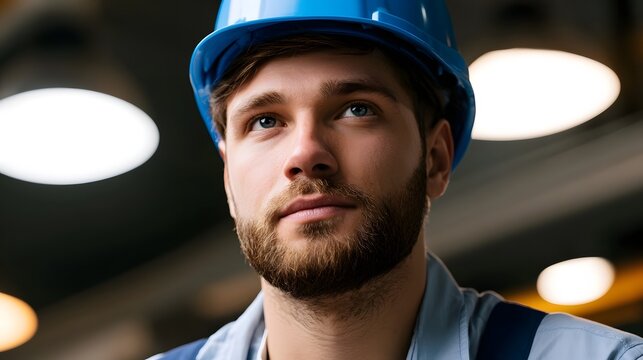 A focused male worker wearing a safety helmet and blue shirt in an industrial environment