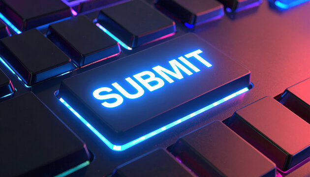 Immediate glowing submit key on black keyboard with data concept for online submission and digital communication