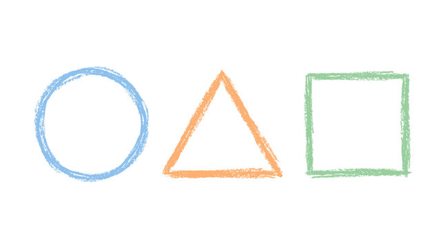 Hand drawn crayon circle triangle and square shape set