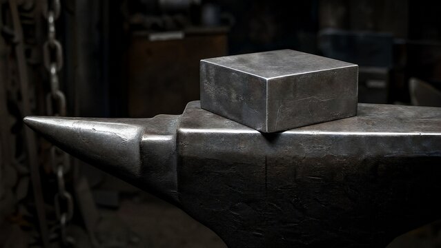 anvil. A solid metal block resting on an anvil in an industrial setting. safety posters, maintenance manuals, designed for precision metalworking and fabrication facilities, supports safety.