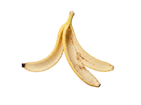 A single yellow banana peel, partially unpeeled, showcasing organic waste isolated on a transparent background.