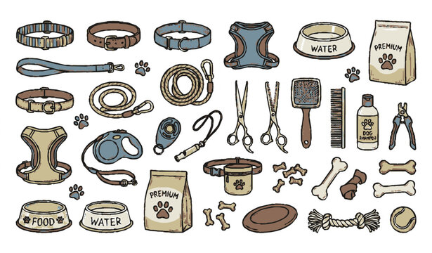 Dog Training and Grooming Accessories Hand Drawn Doodle Vector Set with Bones Bowls and Leashes