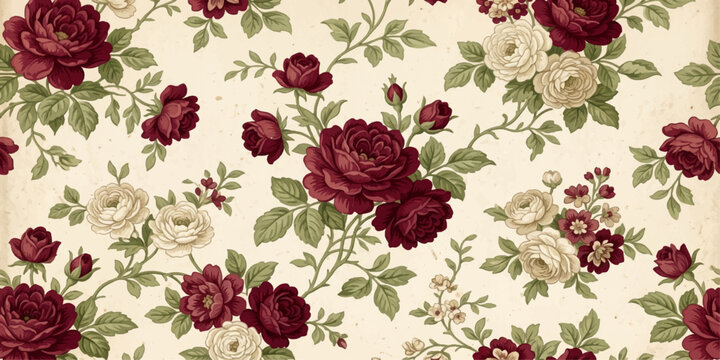 Vintage Rose Pattern: A charming, seamless pattern featuring a delightful arrangement of deep red and creamy white roses with green foliage, reminiscent of classic textile designs.