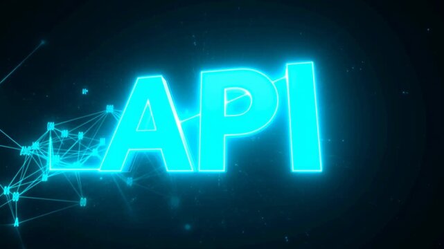 Glowing api text with blue digital connections in motion