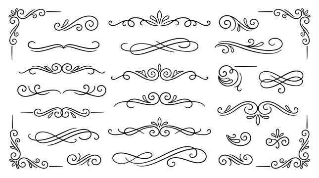 Set of elegant ornamental flourish dividers and corner swirls