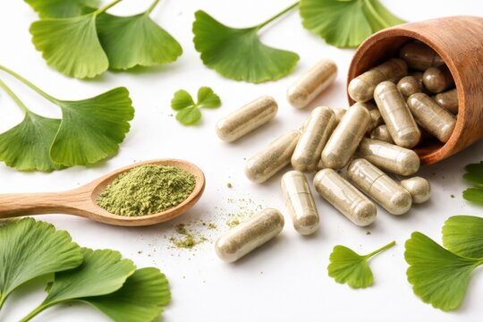 Natural ginkgo supplement capsules with herbal powder and fresh leaves on clean white background