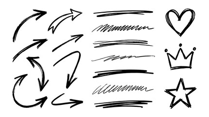 Hand drawn arrow, line, heart, crown and star sketch set © Mark