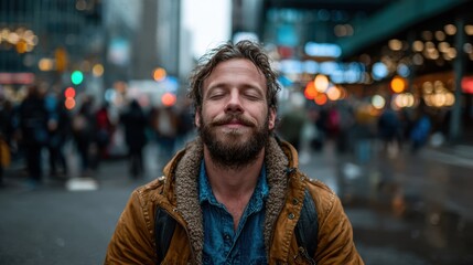 Fototapeta premium A serene man with a beard is meditating peacefully in a bustling city street. His calm demeanor contrasts with the vibrant city life, embodying tranquility amidst chaos.