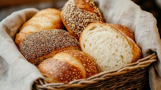 Assortment of fresh bread loaves in a basket, rustic, baked goods,