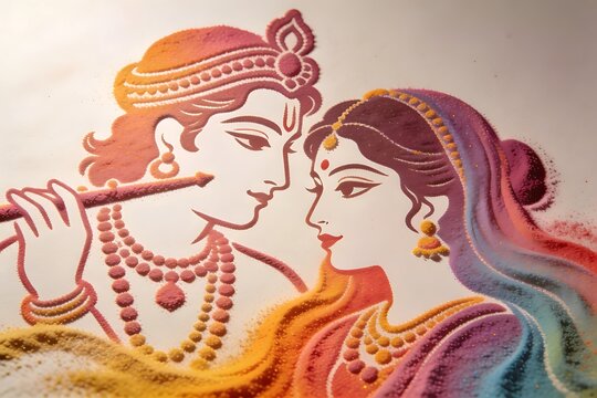 Radha Krishna sand art abstract silhouettes colored grains flowing patterns minimal meditative composition top view