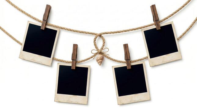 Four blank vintage polaroid frames hanging on a rustic hemp rope with wooden generated using ai