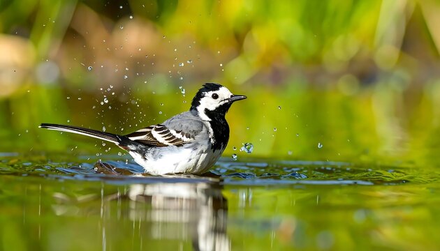 Wagtail bathing in serene water, creating splashes and reflection against a backdrop of green vegetation