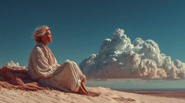 A serene woman sits atop a sandy dune, gazing into the horizon, embodying peacefulness and introspection against a backdrop of fluffy clouds and blue sky.