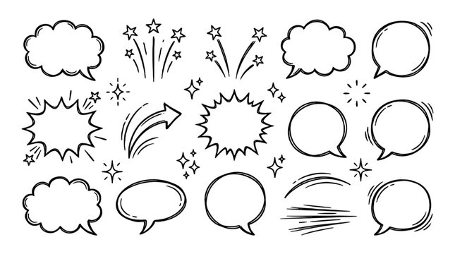 Comic speech bubble and cartoon doodle element icon set