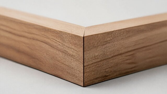 miter. Two wooden blocks forming a perfect miter joint, minimalist composition. safety posters, maintenance manuals, designed for precision metalworking and fabrication facilities.