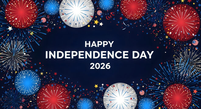 Happy independence day 2026 celebration with fireworks and clocks showing midnight over city skyline