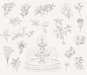 Obraz premium Collection of hand drawn botanical and garden elements featuring flowers, leaves, olive branches, strawberries, birds and decorative fountain