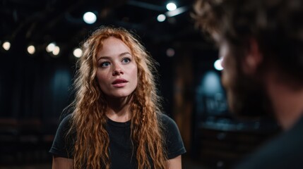 Fototapeta premium A close-up of a stunning actress engaging in an intense dialogue, showcasing deep emotion with a cinematic ambiance and backstage lighting in a theater setting.