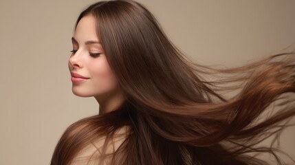 Fototapeta premium beautiful hair woman with stylish hairstyle, happy with beauty products, hair shampoo or conditioner, perfect healthy lovely shiny hair, fashion, modern, beauty, makeup, model, cosmetics