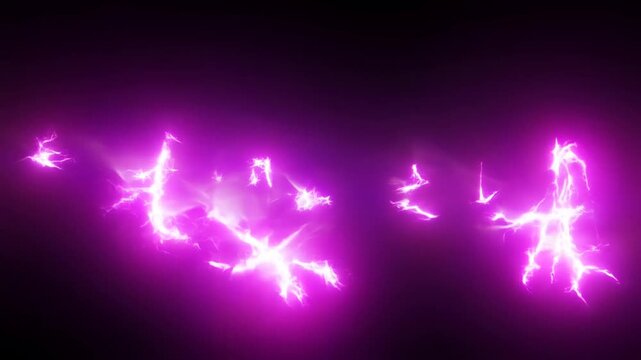 Static shot of purple electric arcs pulsing and spreading across black background in studio setting with abstract glowing lightning and plasma bolts oscillating and branching