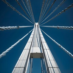 Obraz premium A geometric, close-up view of thick steel cables meeting a white bridge tower against a blue sky