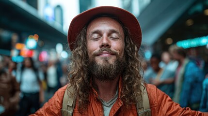Fototapeta premium A man with curly hair wearing a vibrant orange jacket and hat seems at peace while surrounded by the hustle and bustle of a city, showcasing a moment of mindfulness and joy.