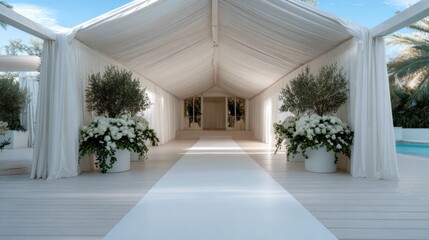 Fototapeta premium This beautiful image depicts a sophisticated wedding aisle adorned with white flowers and greenery, creating a romantic and enchanting atmosphere.