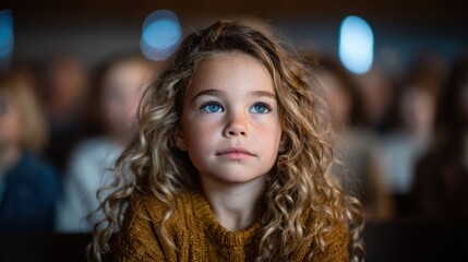 Fototapeta premium A focused young girl with curly hair sitting in a crowd, gazing intently at an event in front of her, reflecting curiosity and engagement in a learning environment.