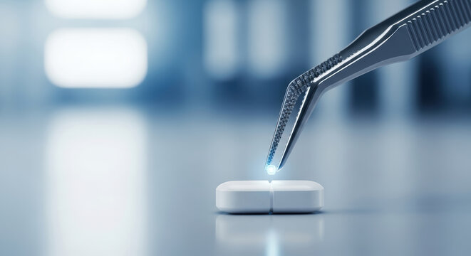 Personalized medicine ai precision tablet editing with tweezers in laboratory setting conveying innovation and careful handling