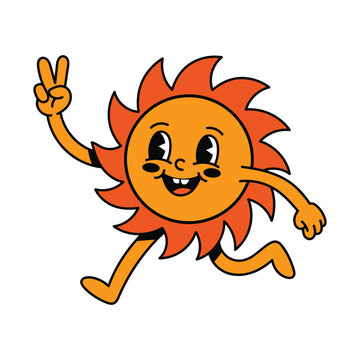 Retro Cartoon Sun Character Giving Peace Sign Vector Illustration with Bold Lines and Vibrant Orange Color Palette for Fun Graphic Design