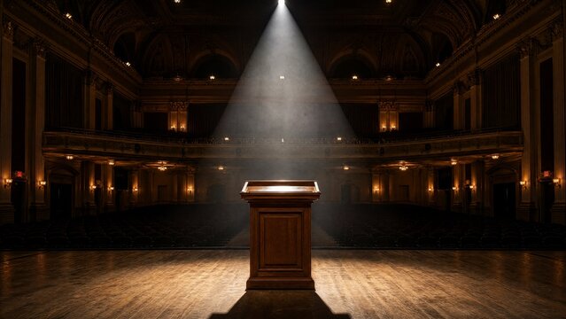 lectern. An empty lectern on a grand hall stage under a single spotlight, atmospheric. event programs, museum guides, designed for cultural heritage projects and event programs, supports education.
