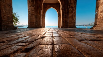 Obraz premium A picturesque stone archway framing a serene seaside landscape, inviting viewers to explore the calm waters and distant skyline, representing beauty and tranquility in nature.