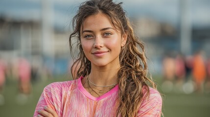 Obraz premium A confident young woman smiles as she stands on a soccer practice field, showcasing her athletic spirit and determination in a vibrant team environment.
